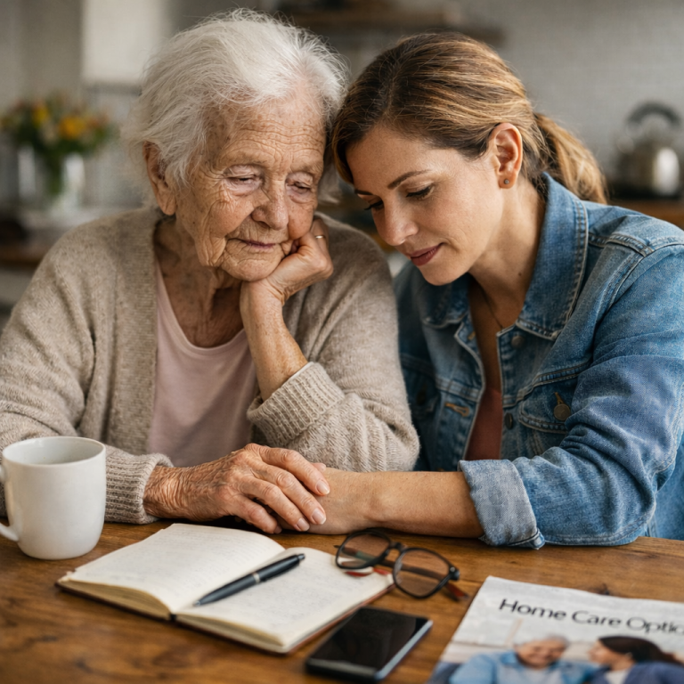 Mum & Daughter A young woman and an elderly woman share a thoughtful moment at a table with a notebook and cup.